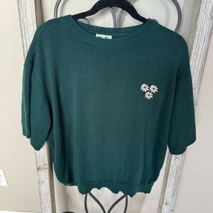 W&S II Vintage Green Knit Short Sleeve‎ Sweater with Floral Embroidery Size 2XL